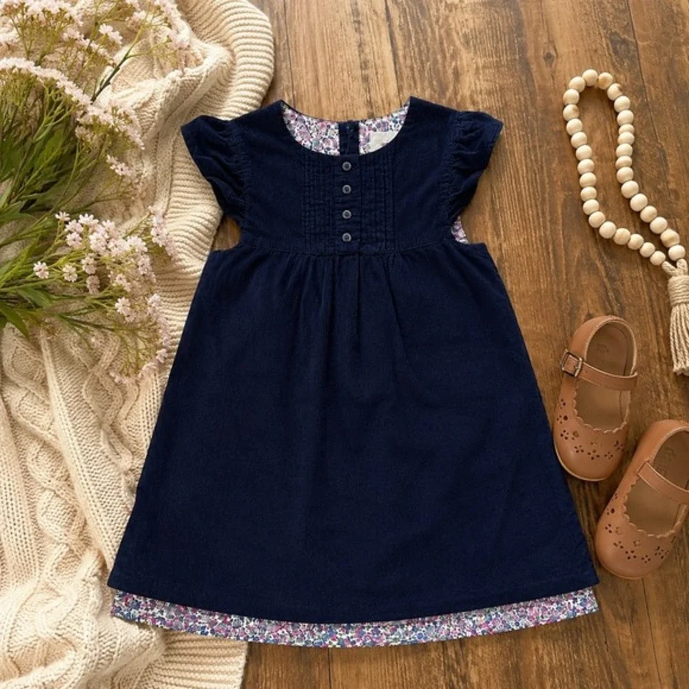 JoJo Maman Bebe Girls 3-4 Navy Corduroy Floral Trim Pinafore Dress‎